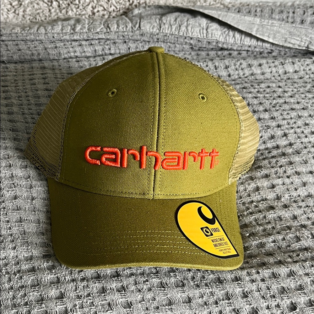 Carhartt Olive Hat with Red-Orange Logo, SnapBack